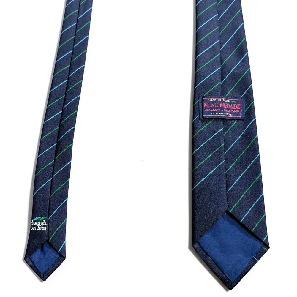 M.&C. McDade Glasgow Mens Tie Navy Blue Green Striped Langbaurgh on Tees Logo‎